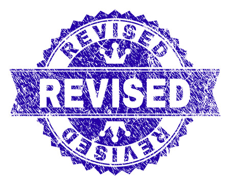 REVISED rosette stamp watermark with grunge texture. Designed with round rosette, ribbon and small crowns. Blue vector rubber watermark of REVISED tag with scratched texture.のイラスト素材