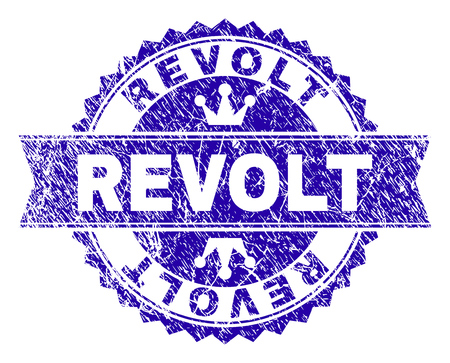 REVOLT rosette stamp imprint with distress style. Designed with round rosette, ribbon and small crowns. Blue vector rubber print of REVOLT label with unclean style.のイラスト素材