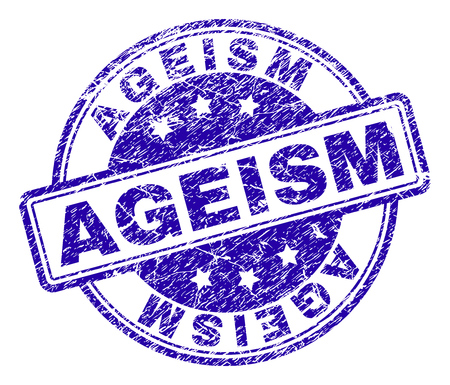 AGEISM stamp seal watermark with grunge texture. Designed with rounded rectangles and circles. Blue vector rubber print of AGEISM label with corroded texture.のイラスト素材