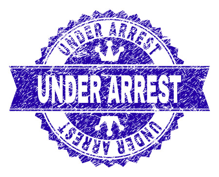 UNDER ARREST rosette stamp watermark with grunge style. Designed with round rosette, ribbon and small crowns. Blue vector rubber watermark of UNDER ARREST text with dirty style.のイラスト素材