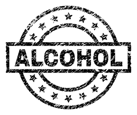 ALCOHOL stamp seal watermark with distress style. Designed with rectangle, circles and stars. Black vector rubber print of ALCOHOL title with dust texture.のイラスト素材