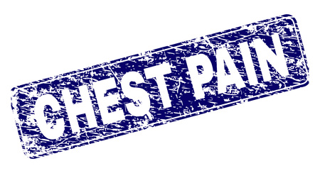 CHEST PAIN stamp seal print with grunge texture. Seal shape is a rounded rectangle with frame. Blue vector rubber print of CHEST PAIN label with grunge style.のイラスト素材