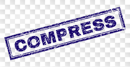 COMPRESS stamp seal print with rubber print style and double framed rectangle shape. Stamp is placed on a transparent background. Blue vector rubber print of COMPRESS title with unclean texture.のイラスト素材