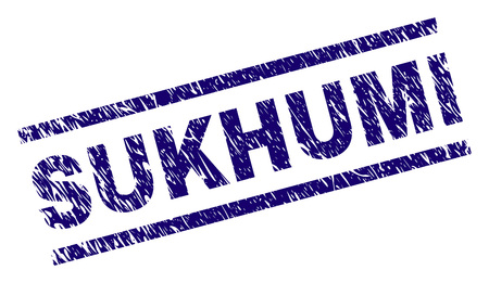SUKHUMI seal stamp with scratced style. Blue vector rubber print of SUKHUMI text with dirty texture. Text tag is placed between parallel lines.のイラスト素材