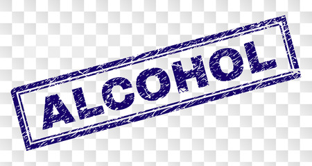 ALCOHOL stamp seal print with rubber print style and double framed rectangle shape. Stamp is placed on a transparent background. Blue vector rubber print of ALCOHOL label with scratched texture.のイラスト素材