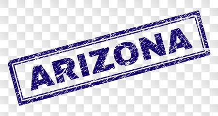 ARIZONA stamp seal watermark with rubber print style and double framed rectangle shape. Stamp is placed on a transparent background. Blue vector rubber print of ARIZONA text with corroded texture.のイラスト素材