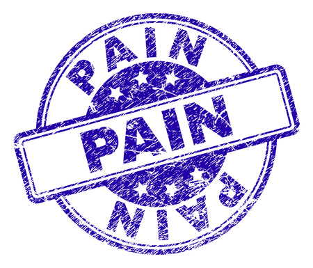 PAIN stamp seal imprint with grunge texture. Designed with rounded rectangles and circles. Blue vector rubber print of PAIN label with grunge texture.のイラスト素材
