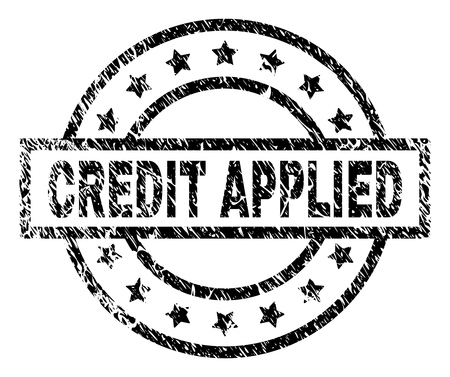 CREDIT APPLIED stamp seal watermark with distress style. Designed with rectangle, circles and stars. Black vector rubber print of CREDIT APPLIED label with dust texture.のイラスト素材