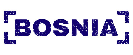 BOSNIA text seal print with grunge texture. Text caption is placed between corners. Blue vector rubber print of BOSNIA with dust texture.のイラスト素材