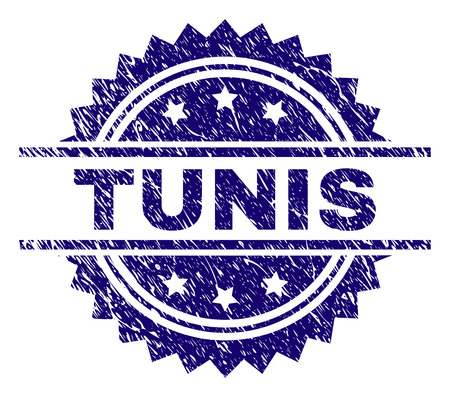 TUNIS stamp seal watermark with distress style. Blue vector rubber print of TUNIS text with corroded texture.のイラスト素材