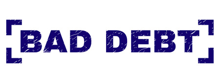 BAD DEBT title seal print with corroded texture. Text tag is placed between corners. Blue vector rubber print of BAD DEBT with corroded texture.のイラスト素材