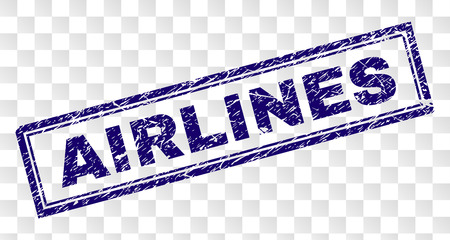 AIRLINES stamp seal print with grunge style and double framed rectangle shape. Stamp is placed on a transparent background. Blue vector rubber print of AIRLINES title with grunge texture.のイラスト素材