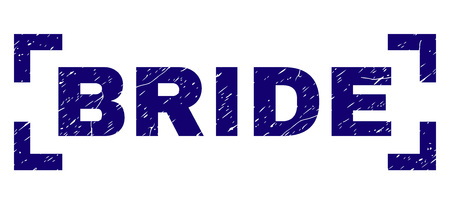 BRIDE title seal print with grunge texture. Text title is placed between corners. Blue vector rubber print of BRIDE with unclean texture.のイラスト素材