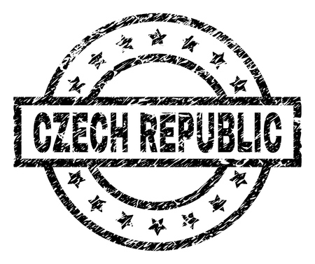 CZECH REPUBLIC stamp seal watermark with distress style. Designed with rectangle, circles and stars. Black vector rubber print of CZECH REPUBLIC title with retro texture.のイラスト素材
