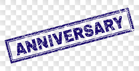 ANNIVERSARY stamp seal print with rubber print style and double framed rectangle shape. Stamp is placed on a transparent background. Blue vector rubber print of ANNIVERSARY tag with corroded texture.のイラスト素材
