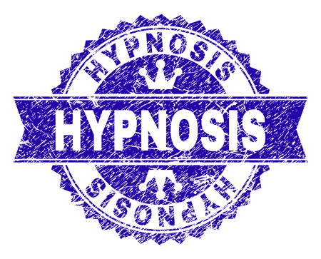 HYPNOSIS rosette stamp watermark with distress style. Designed with round rosette, ribbon and small crowns. Blue vector rubber watermark of HYPNOSIS tag with grunge style.のイラスト素材