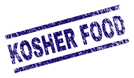 KOSHER FOOD seal imprint with scratced style. Blue vector rubber print of KOSHER FOOD text with retro texture. Text label is placed between parallel lines.のイラスト素材