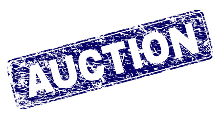 AUCTION stamp seal print with grunge texture. Seal shape is a rounded rectangle with frame. Blue vector rubber print of AUCTION caption with dust texture.のイラスト素材