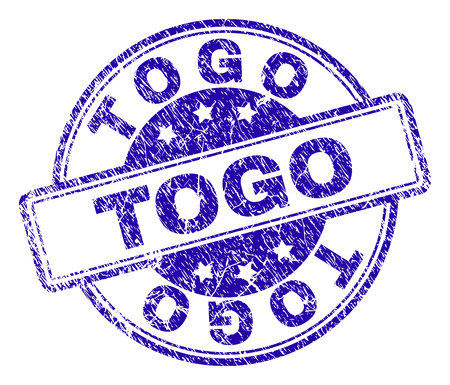 TOGO stamp seal imprint with grunge texture. Designed with rounded rectangles and circles. Blue vector rubber print of TOGO label with grunge texture.のイラスト素材