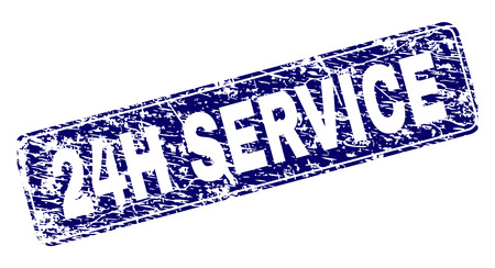 24H SERVICE stamp seal imprint with grunge texture. Seal shape is a rounded rectangle with frame. Blue vector rubber print of 24H SERVICE tag with unclean texture.のイラスト素材