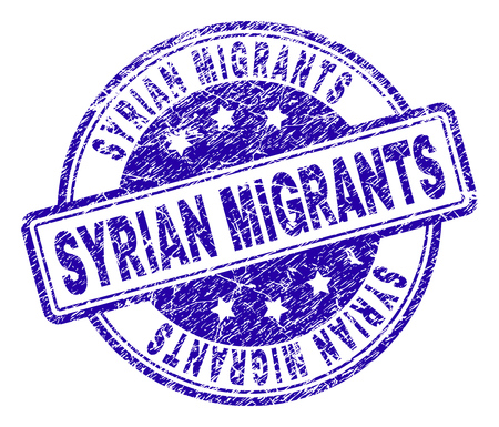 SYRIAN MIGRANTS stamp seal imprint with grunge texture. Designed with rounded rectangles and circles. Blue vector rubber print of SYRIAN MIGRANTS title with grunge texture.のイラスト素材