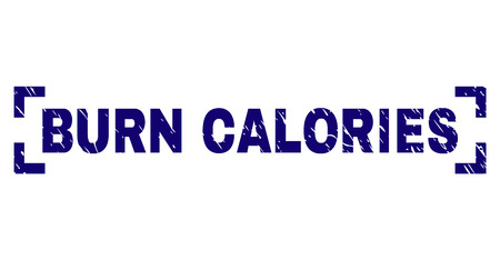 BURN CALORIES text seal print with distress texture. Text tag is placed inside corners. Blue vector rubber print of BURN CALORIES with unclean texture.のイラスト素材
