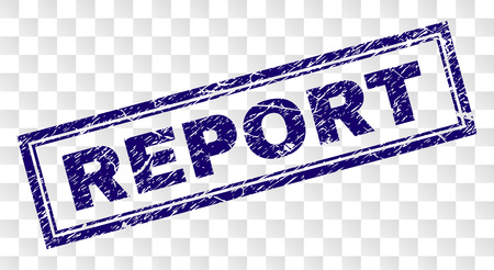 REPORT stamp seal print with rubber print style and double framed rectangle shape. Stamp is placed on a transparent background. Blue vector rubber print of REPORT tag with unclean texture.のイラスト素材