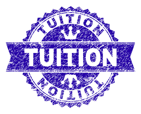 TUITION rosette stamp watermark with grunge texture. Designed with round rosette, ribbon and small crowns. Blue vector rubber watermark of TUITION label with scratched texture.のイラスト素材