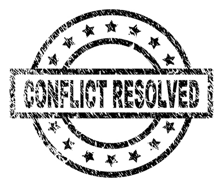 CONFLICT RESOLVED stamp seal watermark with distress style. Designed with rectangle, circles and stars. Black vector rubber print of CONFLICT RESOLVED caption with dirty texture.のイラスト素材
