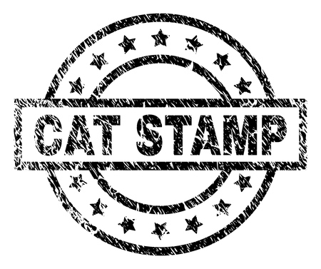 CAT STAMP seal watermark with distress style. Designed with rectangle, circles and stars. Black vector rubber print of CAT STAMP tag with corroded texture.のイラスト素材