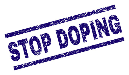 STOP DOPING seal print with grunge style. Blue vector rubber print of STOP DOPING tag with unclean texture. Text tag is placed between parallel lines.のイラスト素材