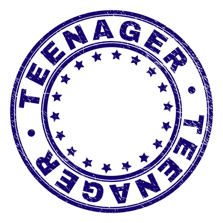 TEENAGER stamp seal imprint with distress texture. Designed with circles and stars. Blue vector rubber print of TEENAGER tag with dirty texture.のイラスト素材