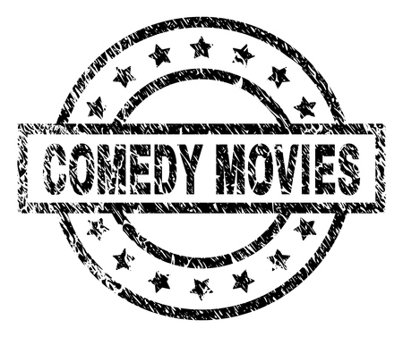 COMEDY MOVIES stamp seal watermark with distress style. Designed with rectangle, circles and stars. Black vector rubber print of COMEDY MOVIES title with grunge texture.のイラスト素材