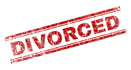 DIVORCED seal print with distress effect. Red vector rubber print of DIVORCED label with corroded texture. Text caption is placed between double parallel lines.のイラスト素材