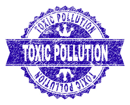 TOXIC POLLUTION rosette stamp overlay with distress texture. Designed with round rosette, ribbon and small crowns. Blue vector rubber print of TOXIC POLLUTION title with dirty texture.のイラスト素材