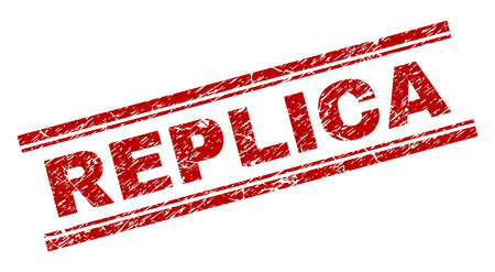 REPLICA seal print with corroded texture. Red vector rubber print of REPLICA text with corroded texture. Text label is placed between double parallel lines.のイラスト素材