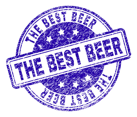 THE BEST BEER stamp seal imprint with grunge style. Designed with rounded rectangles and circles. Blue vector rubber print of THE BEST BEER tag with grunge texture.のイラスト素材