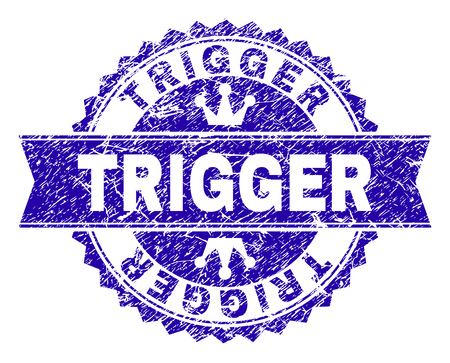 TRIGGER rosette stamp overlay with grunge texture. Designed with round rosette, ribbon and small crowns. Blue vector rubber watermark of TRIGGER caption with grunge texture.のイラスト素材