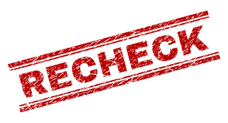 RECHECK seal print with grunge texture. Red vector rubber print of RECHECK text with scratched texture. Text title is placed between double parallel lines.のイラスト素材