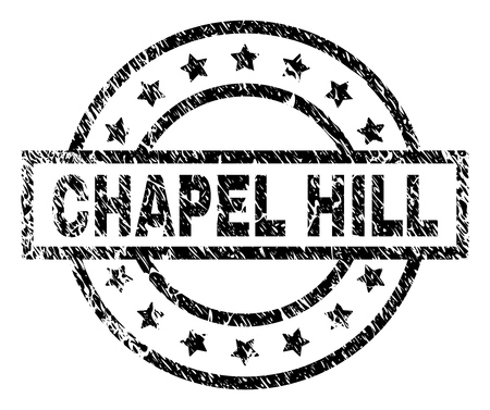 CHAPEL HILL stamp seal watermark with distress style. Designed with rectangle, circles and stars. Black vector rubber print of CHAPEL HILL label with dirty texture.のイラスト素材