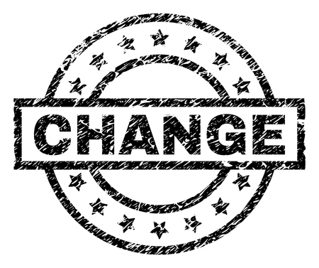 CHANGE stamp seal watermark with distress style. Designed with rectangle, circles and stars. Black vector rubber print of CHANGE label with retro texture.のイラスト素材