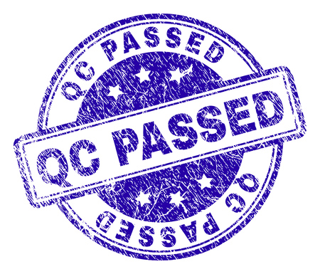 QC PASSED stamp seal watermark with distress texture. Designed with rounded rectangles and circles. Blue vector rubber print of QC PASSED title with retro texture.のイラスト素材