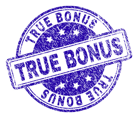 TRUE BONUS stamp seal imprint with grunge texture. Designed with rounded rectangles and circles. Blue vector rubber print of TRUE BONUS tag with grunge texture.のイラスト素材