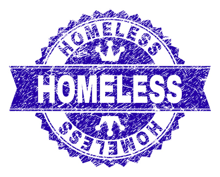 HOMELESS rosette seal watermark with distress texture. Designed with round rosette, ribbon and small crowns. Blue vector rubber watermark of HOMELESS caption with unclean texture.のイラスト素材