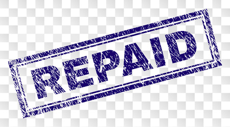 REPAID stamp seal print with rubber print style and double framed rectangle shape. Stamp is placed on a transparent background. Blue vector rubber print of REPAID text with unclean texture.のイラスト素材