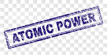 ATOMIC POWER stamp seal print with rubber print style and double framed rectangle shape. Stamp is placed on a transparent background.のイラスト素材