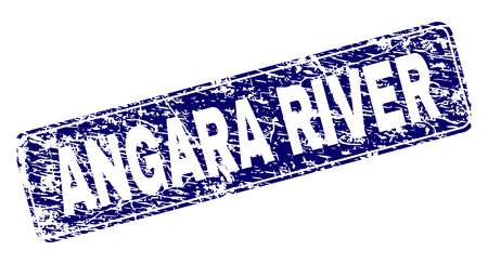 ANGARA RIVER stamp seal print with grunge texture. Seal shape is a rounded rectangle with frame. Blue vector rubber print of ANGARA RIVER caption with dirty texture.のイラスト素材