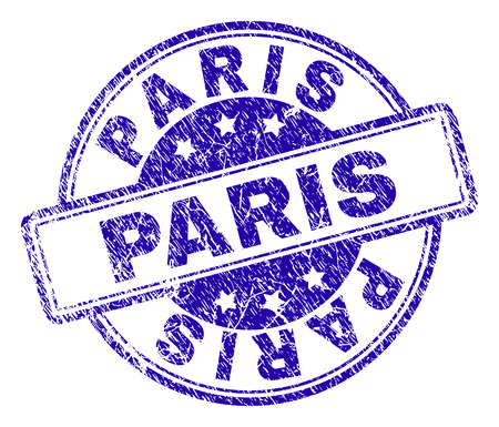 PARIS stamp seal watermark with distress texture. Designed with rounded rectangles and circles. Blue vector rubber print of PARIS tag with dirty texture.のイラスト素材