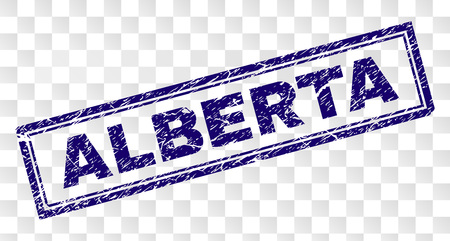 ALBERTA stamp seal imprint with rubber print style and double framed rectangle shape. Stamp is placed on a transparent background. Blue vector rubber print of ALBERTA caption with unclean texture.のイラスト素材