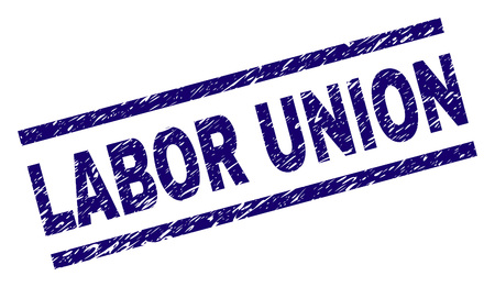LABOR UNION seal print with grunge style. Blue vector rubber print of LABOR UNION tag with retro texture. Text tag is placed between parallel lines.のイラスト素材